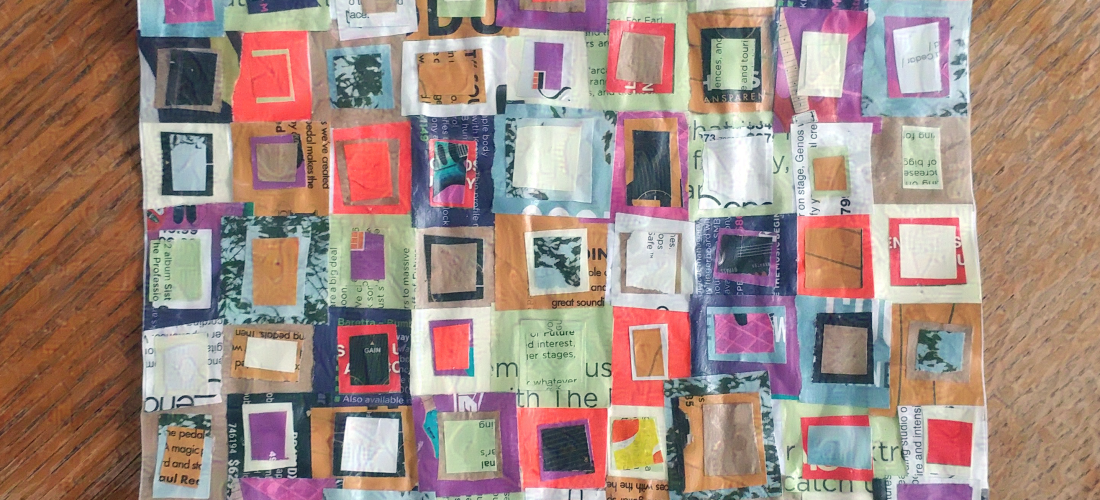 A photo of a collage made up of squares and rectangles.