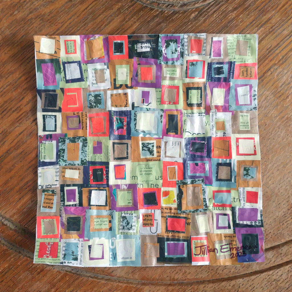 A photo of a collage made up of squares and rectangles.